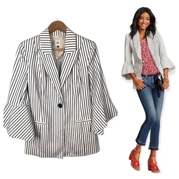 CAbi Jackets & Blazers - Cabinet Blazer Cream and Black Stripes -‎ Bell Sleeve Unique Size 4